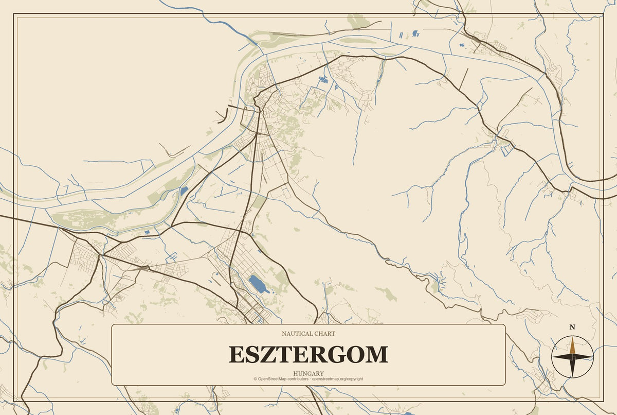 Esztergom, Hungary City Map Aluminum Sign in Heritage Nautical style