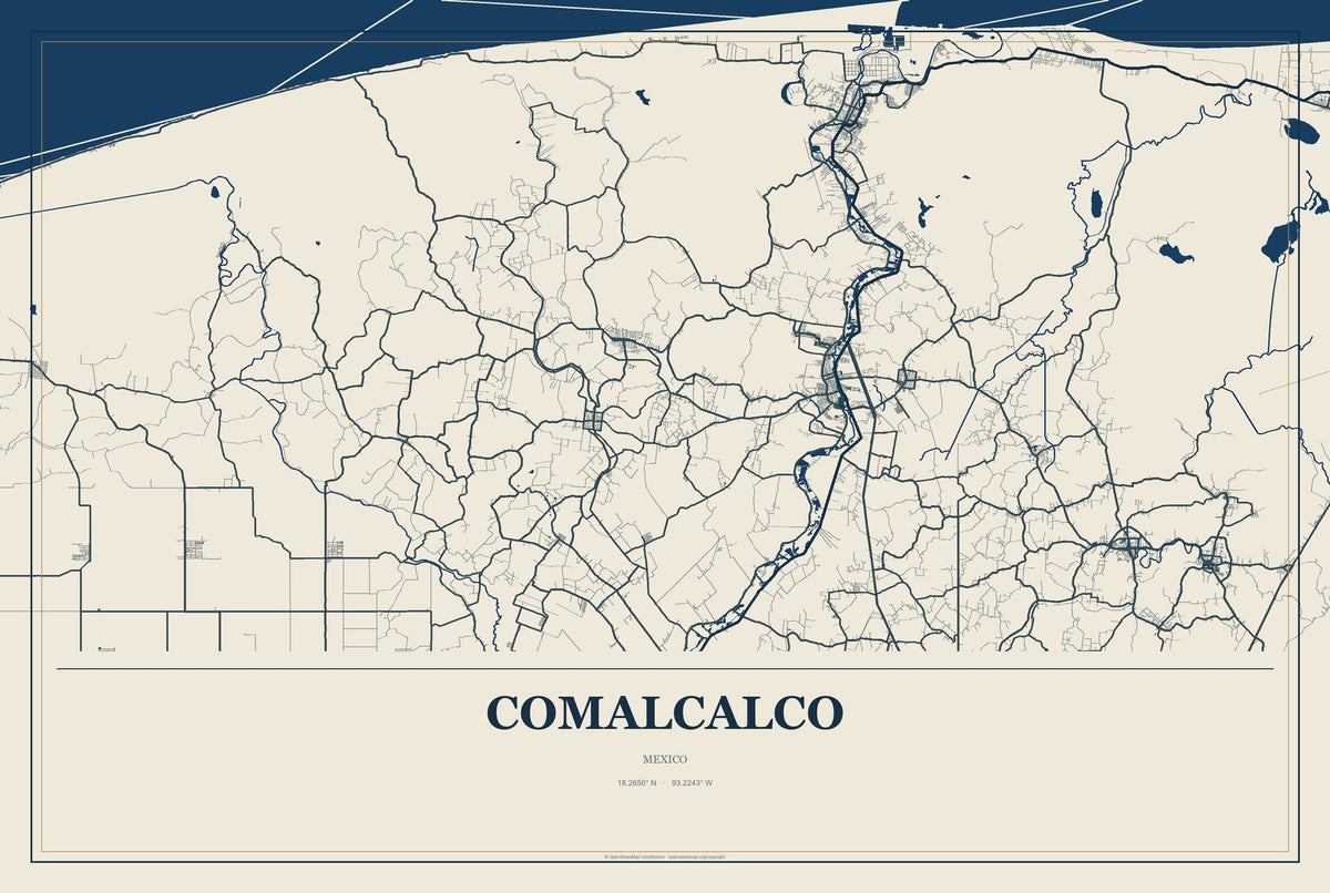 Comalcalco, Mexico City Map Aluminum Sign in Coastal Cutout style