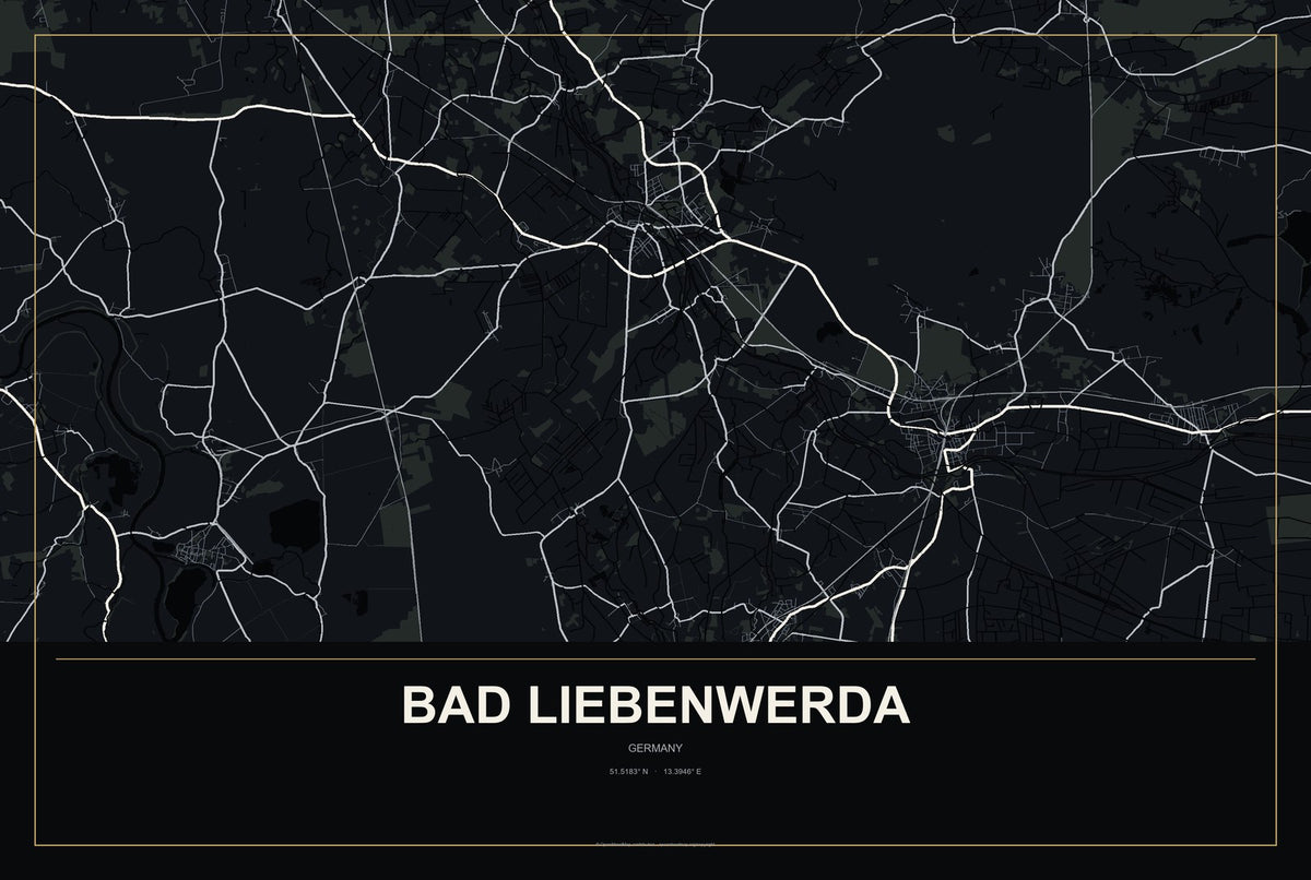 Bad Liebenwerda, Germany City Map Aluminum Sign in Metropolitan Noir style