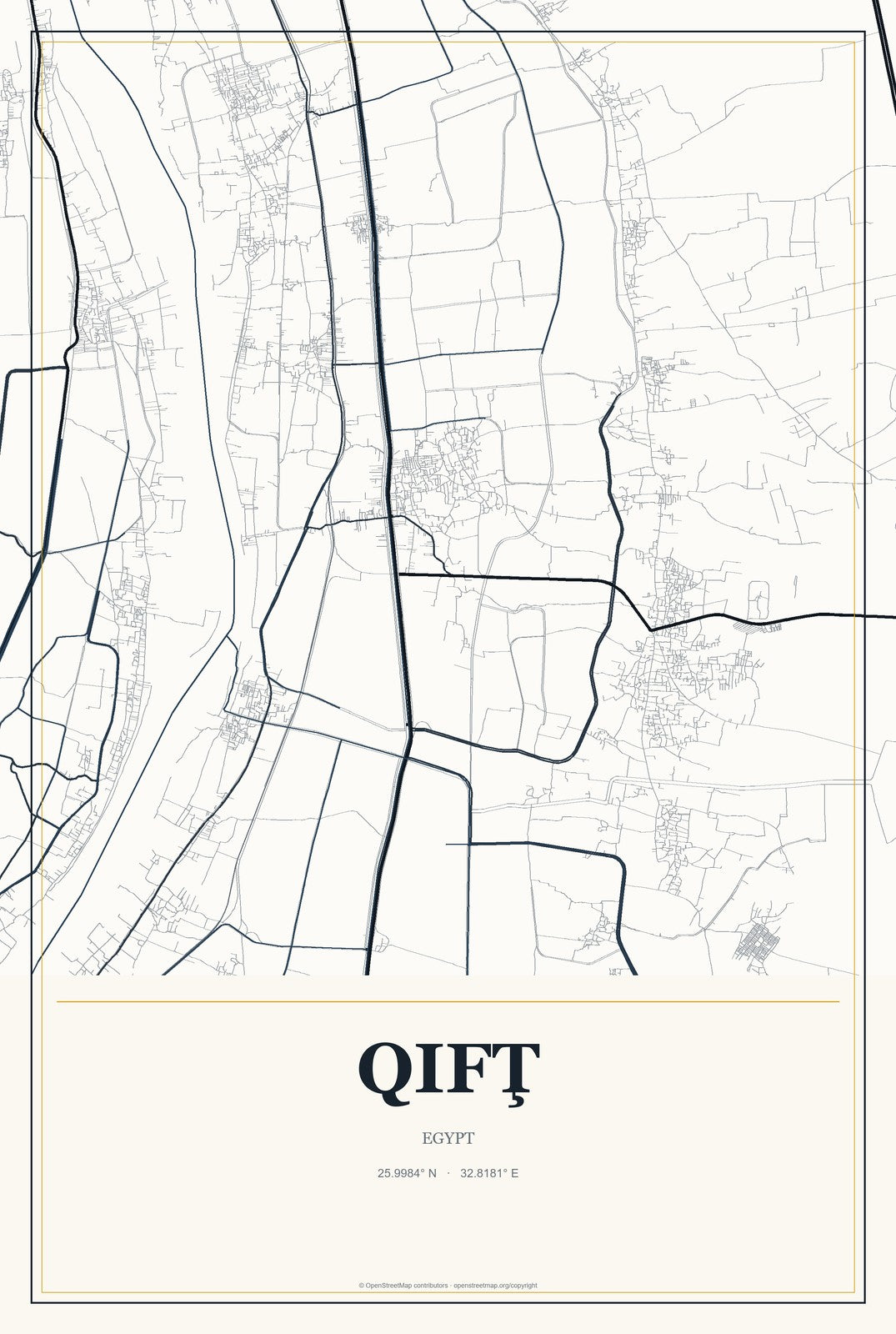 Qifţ, Egypt City Map Aluminum Sign in Citrine Modern style