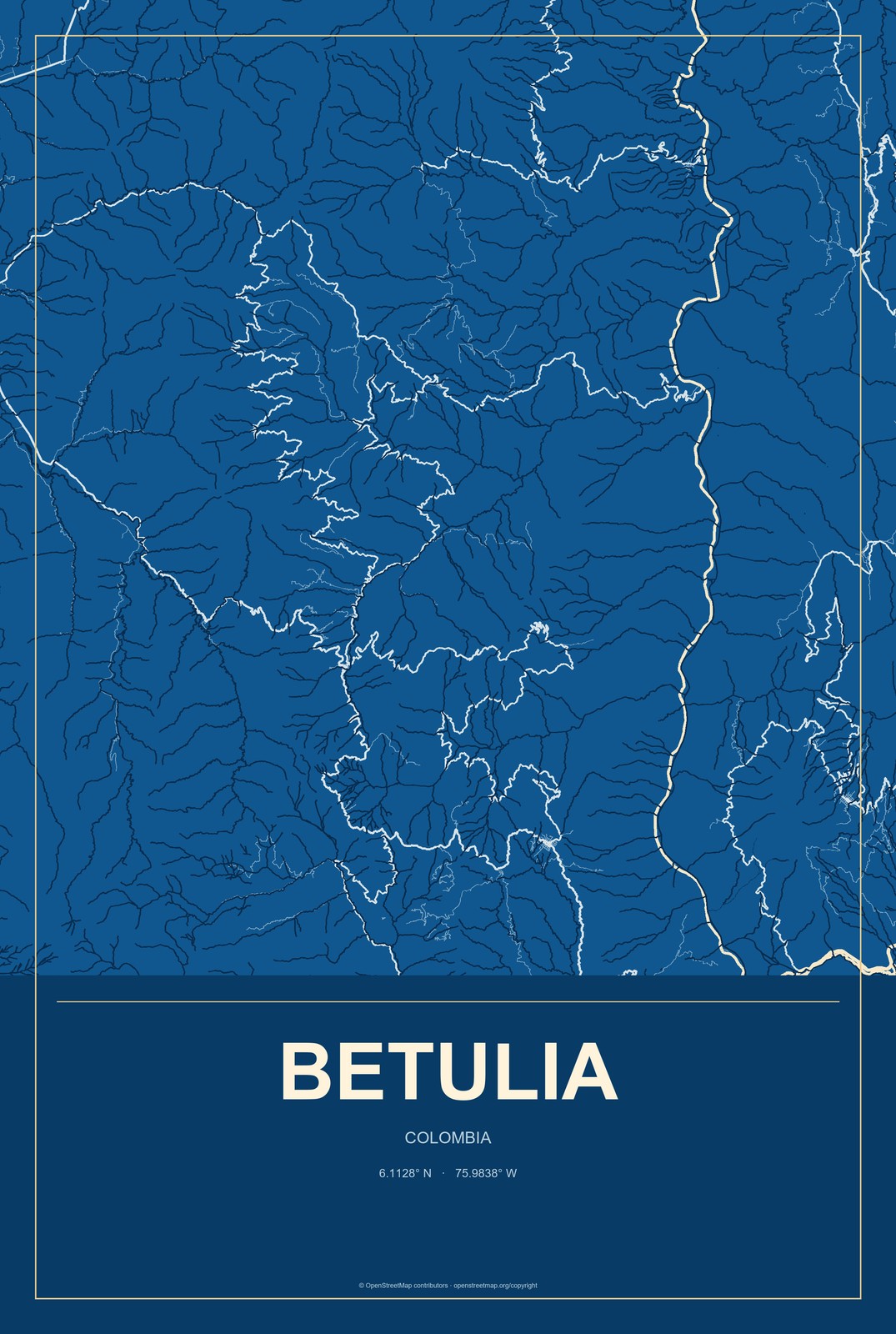 Betulia, Colombia City Map Aluminum Sign in Harbor Cobalt style