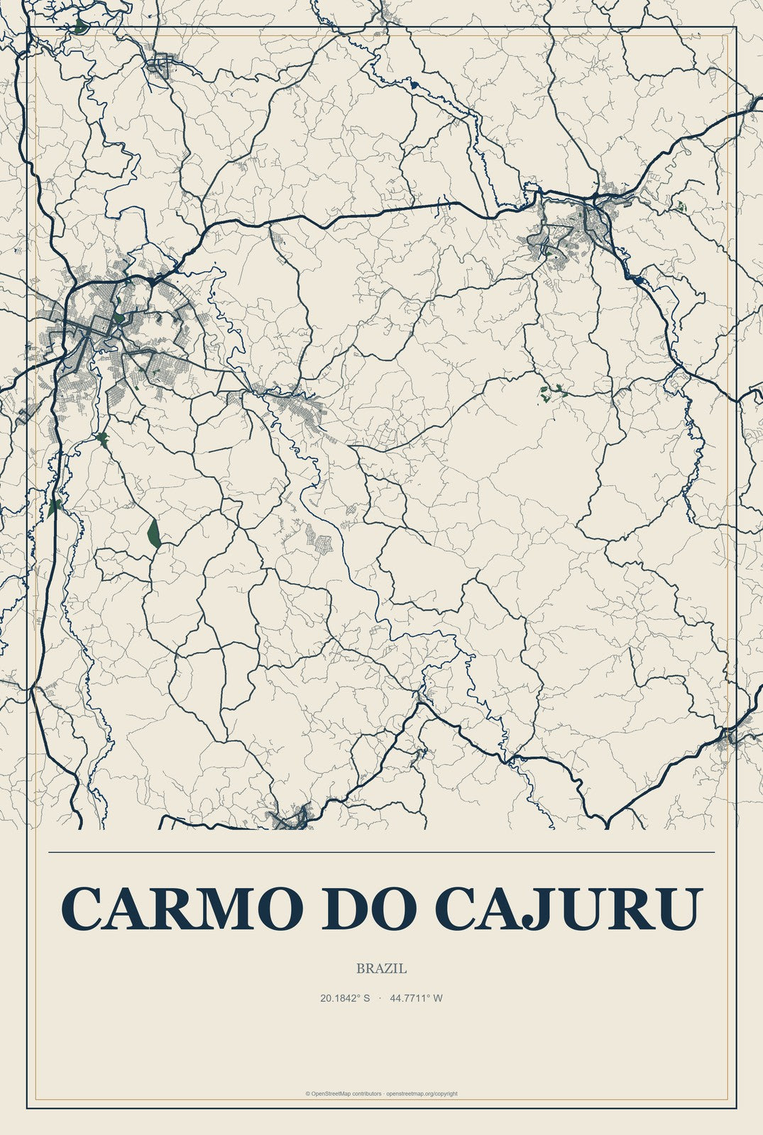 Carmo do Cajuru, Brazil City Map Aluminum Sign in Coastal Cutout style