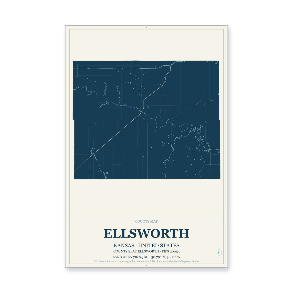 Ellsworth County, Kansas Map Aluminum Sign in Coastal Cutout style