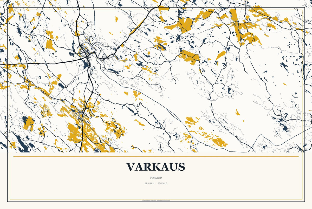 Varkaus, Finland City Map Aluminum Sign in Citrine Modern style