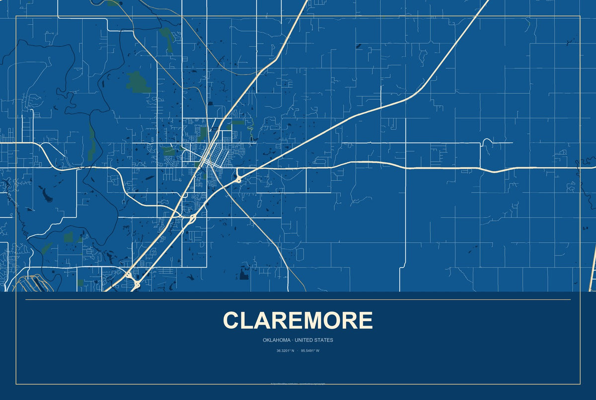 Claremore, Oklahoma City Map Aluminum Sign in Harbor Cobalt style