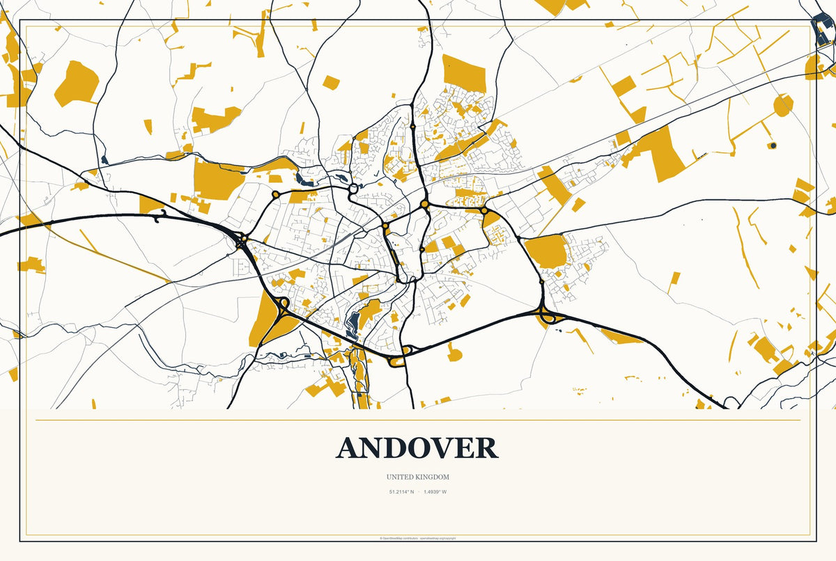 Andover, United Kingdom City Map Aluminum Sign in Citrine Modern style