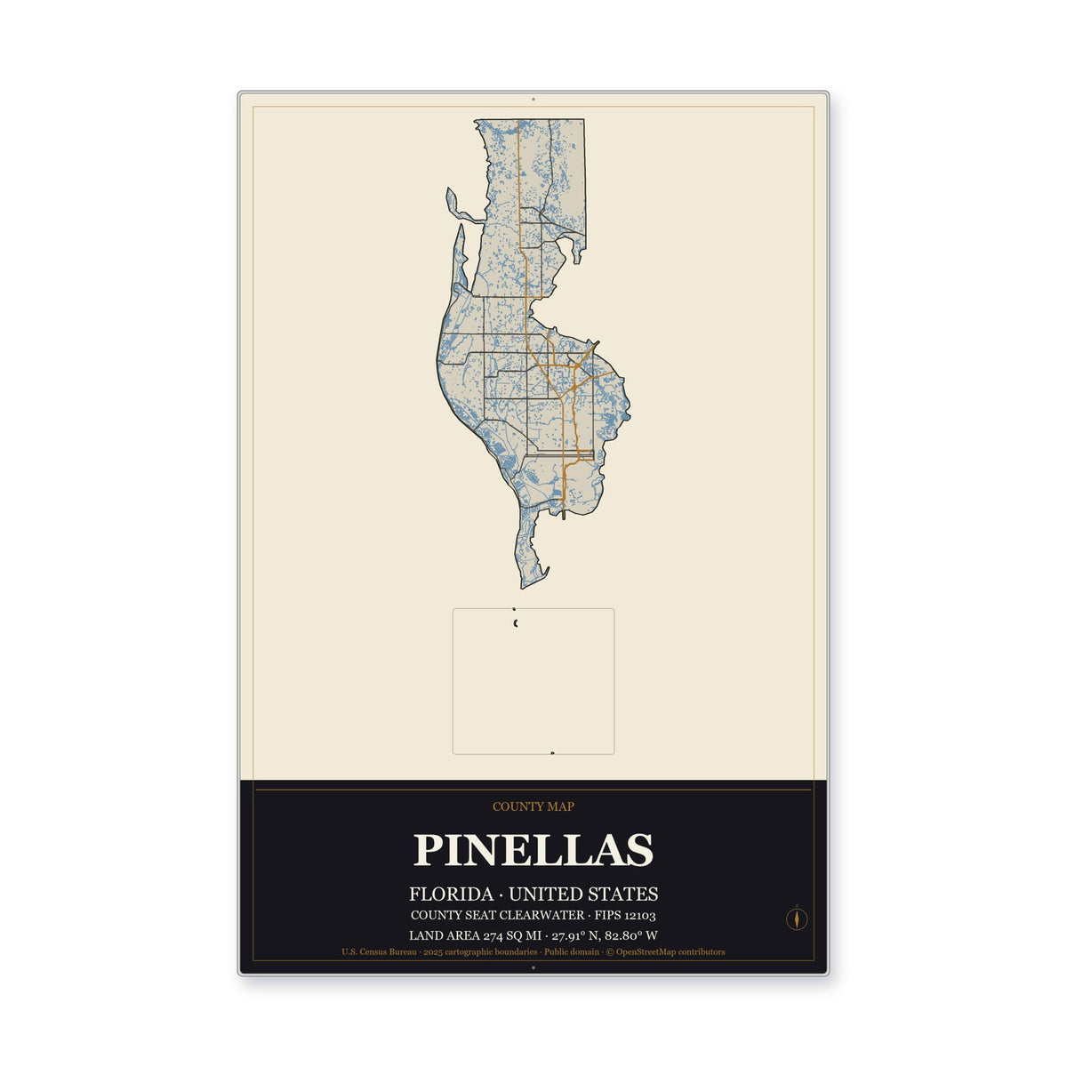 Pinellas County, Florida Map Aluminum Sign in Museum Plaque style