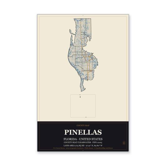 Pinellas County, Florida Map Aluminum Sign in Museum Plaque style