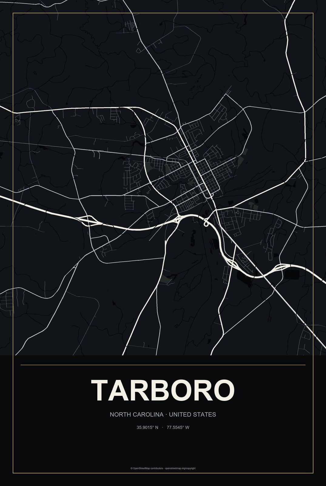Tarboro, North Carolina City Map Aluminum Sign in Metropolitan Noir style