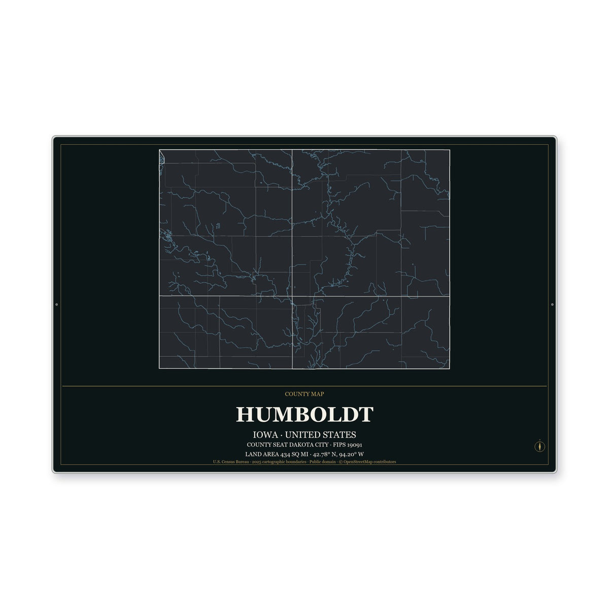 Humboldt County, Iowa Map Aluminum Sign in Metropolitan Noir style