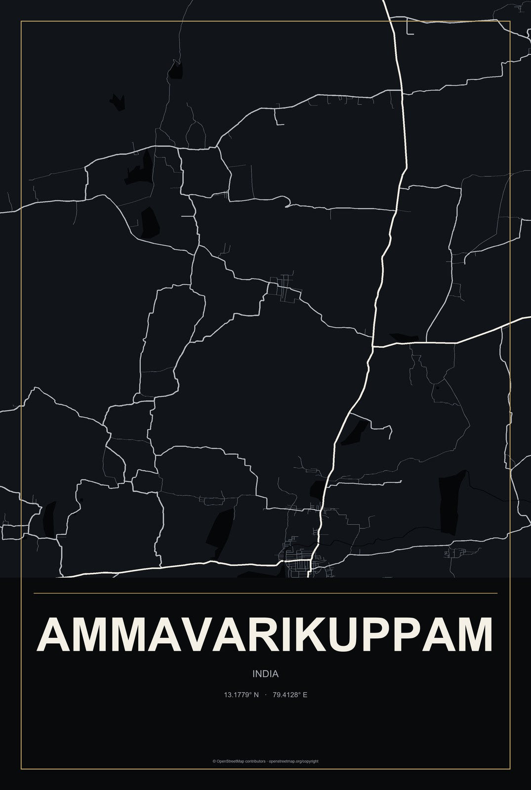 Ammavarikuppam, India City Map Aluminum Sign in Metropolitan Noir style
