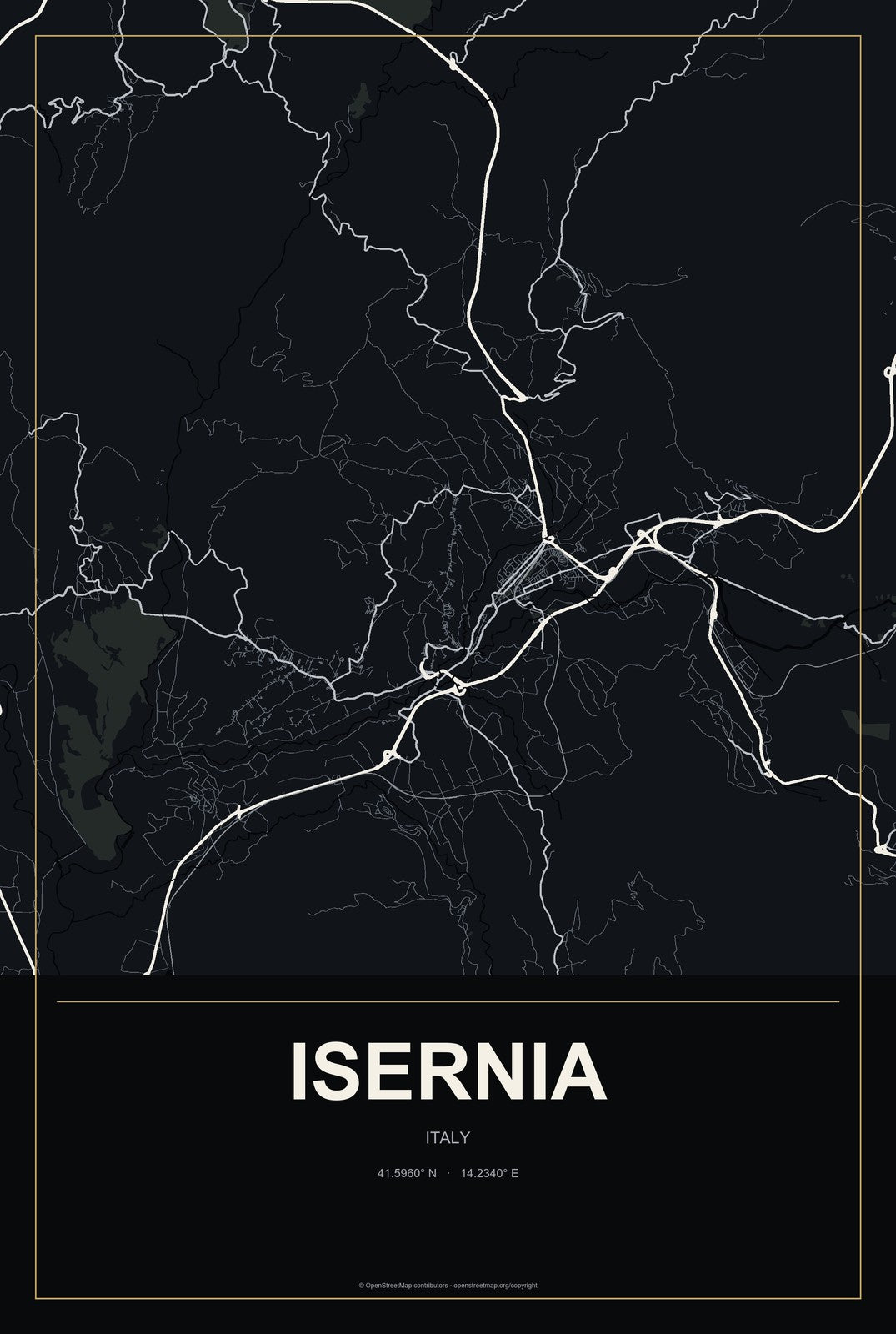 Isernia, Italy City Map Aluminum Sign in Metropolitan Noir style