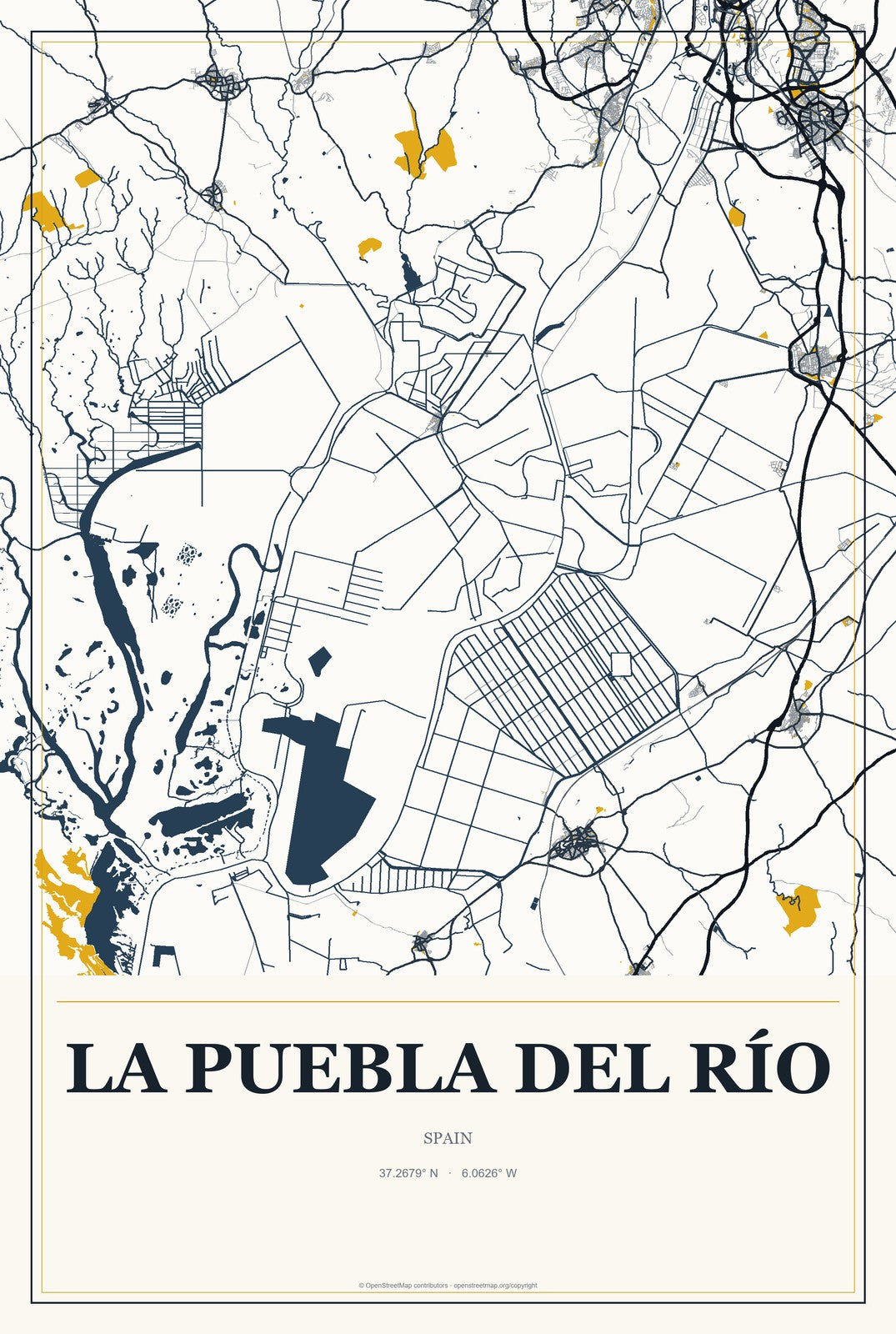 La Puebla del Río, Spain City Map Aluminum Sign in Citrine Modern style