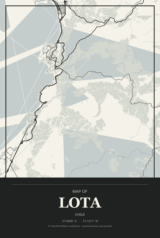 Lota, Chile City Map Aluminum Sign in Museum Plaque style