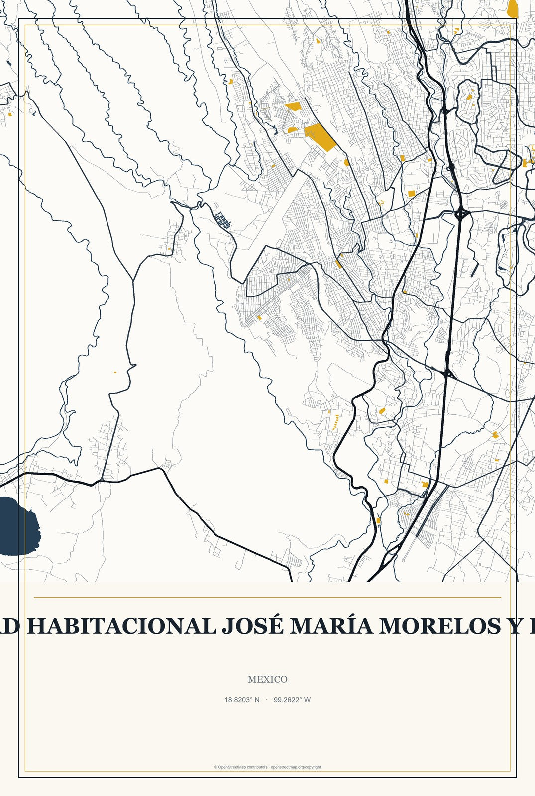 Unidad Habitacional José María Morelos y Pavón, Mexico City Map Aluminum Sign in Citrine Modern style