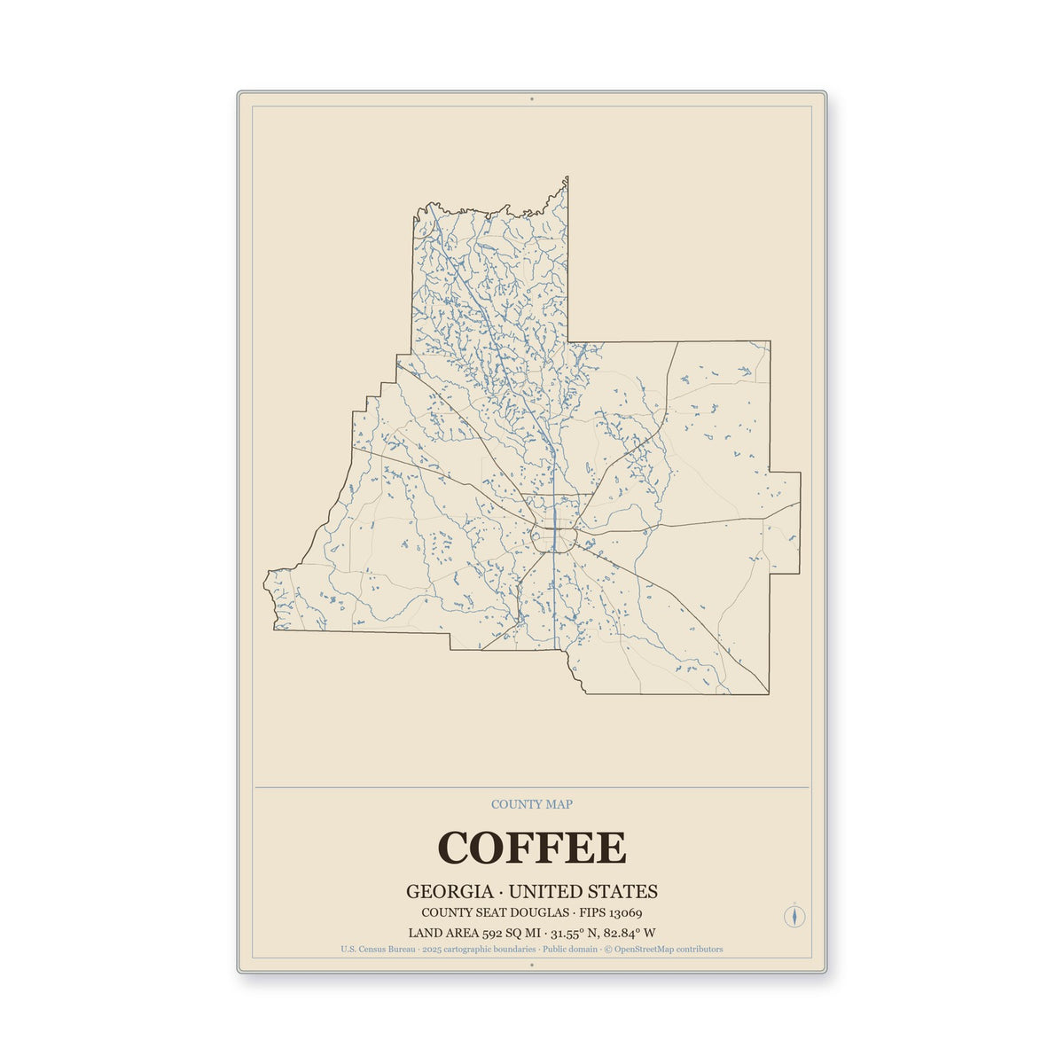Coffee County, Georgia Map Aluminum Sign in Heritage Nautical style