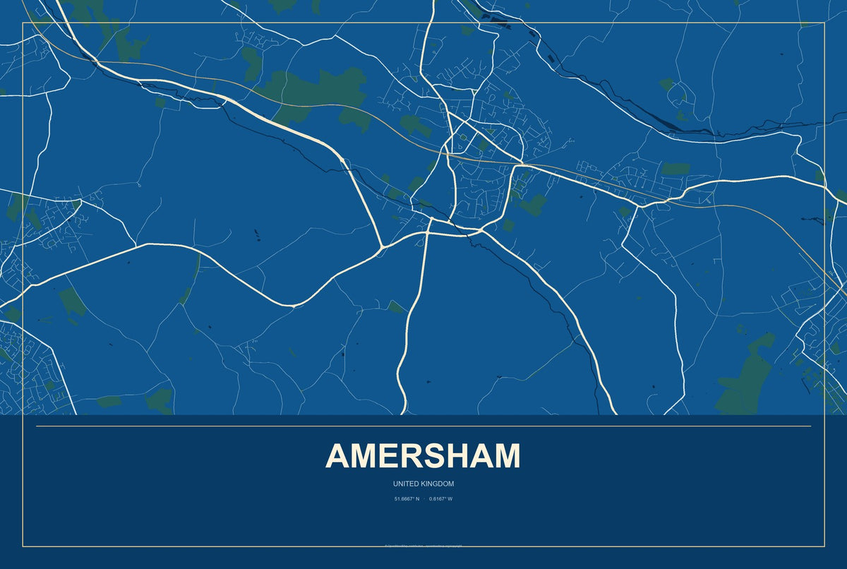Amersham, United Kingdom City Map Aluminum Sign in Harbor Cobalt style
