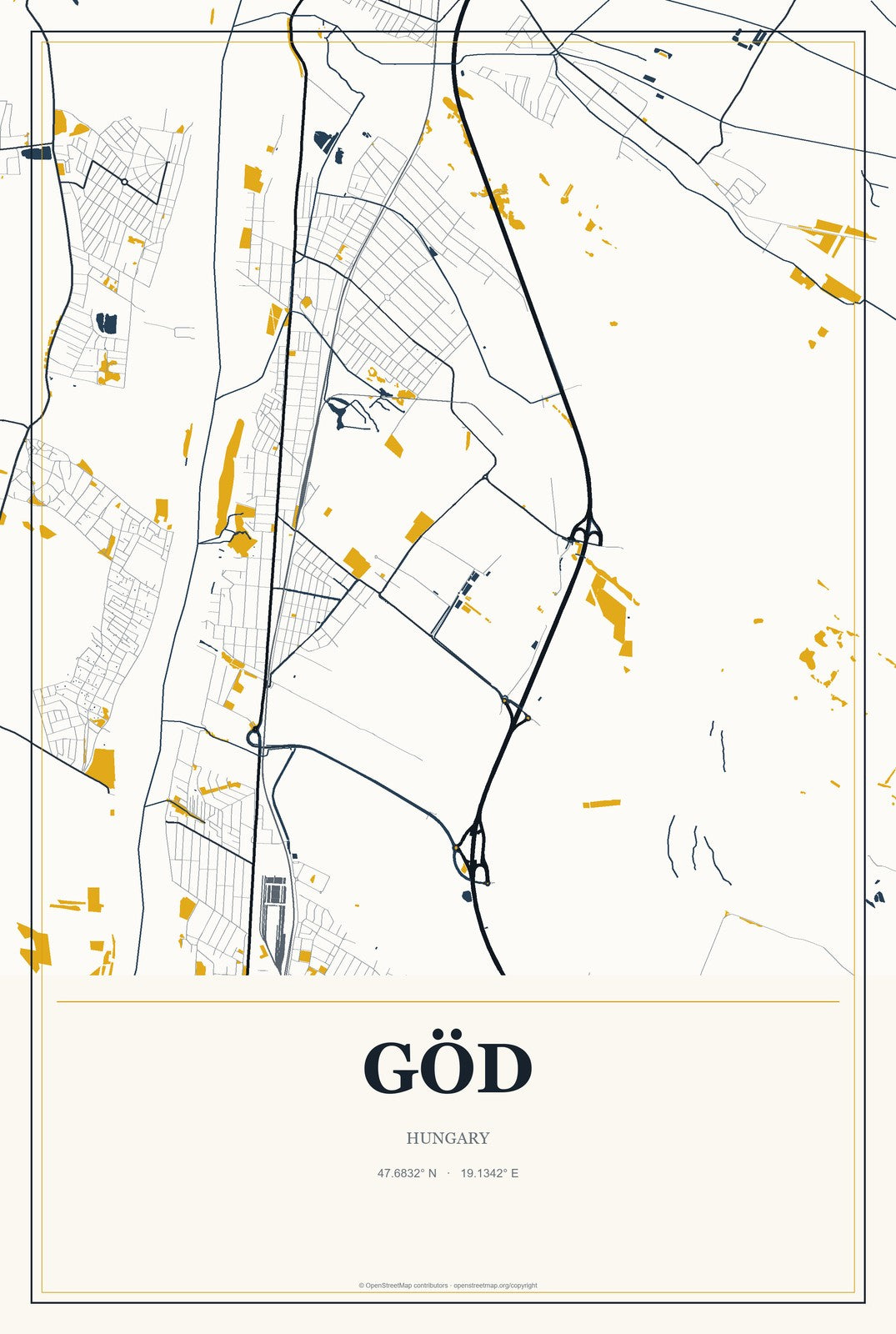 Göd, Hungary City Map Aluminum Sign in Citrine Modern style