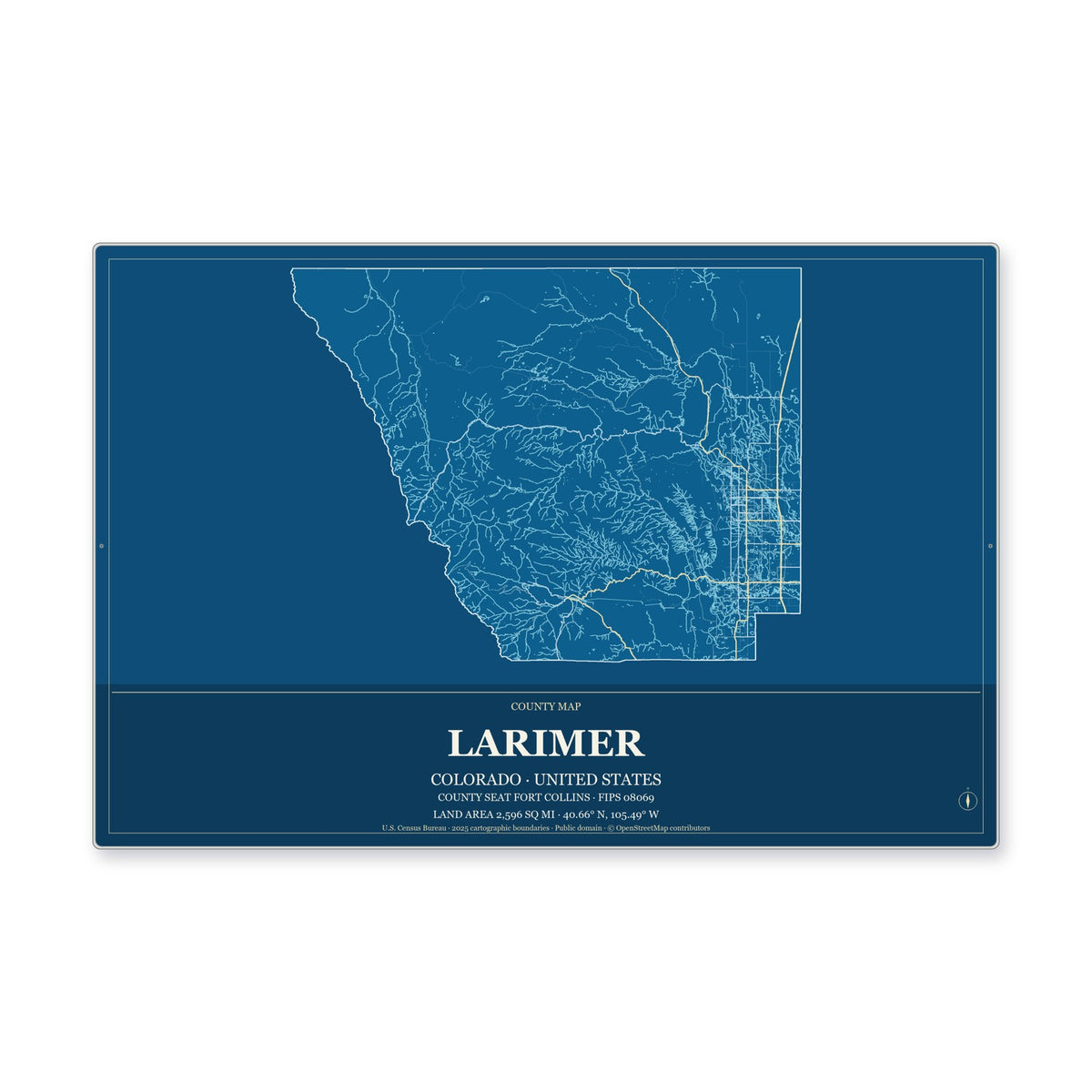 Larimer County, Colorado Map Aluminum Sign in Harbor Cobalt style