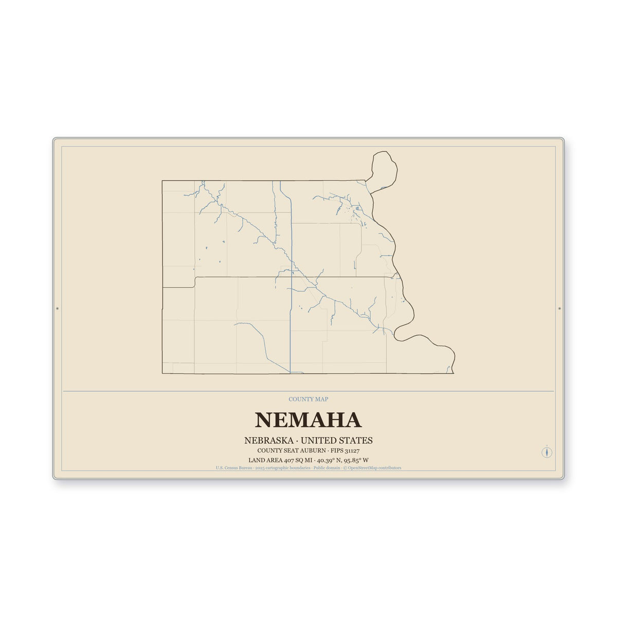 Nemaha County, Nebraska Map Aluminum Sign in Heritage Nautical style