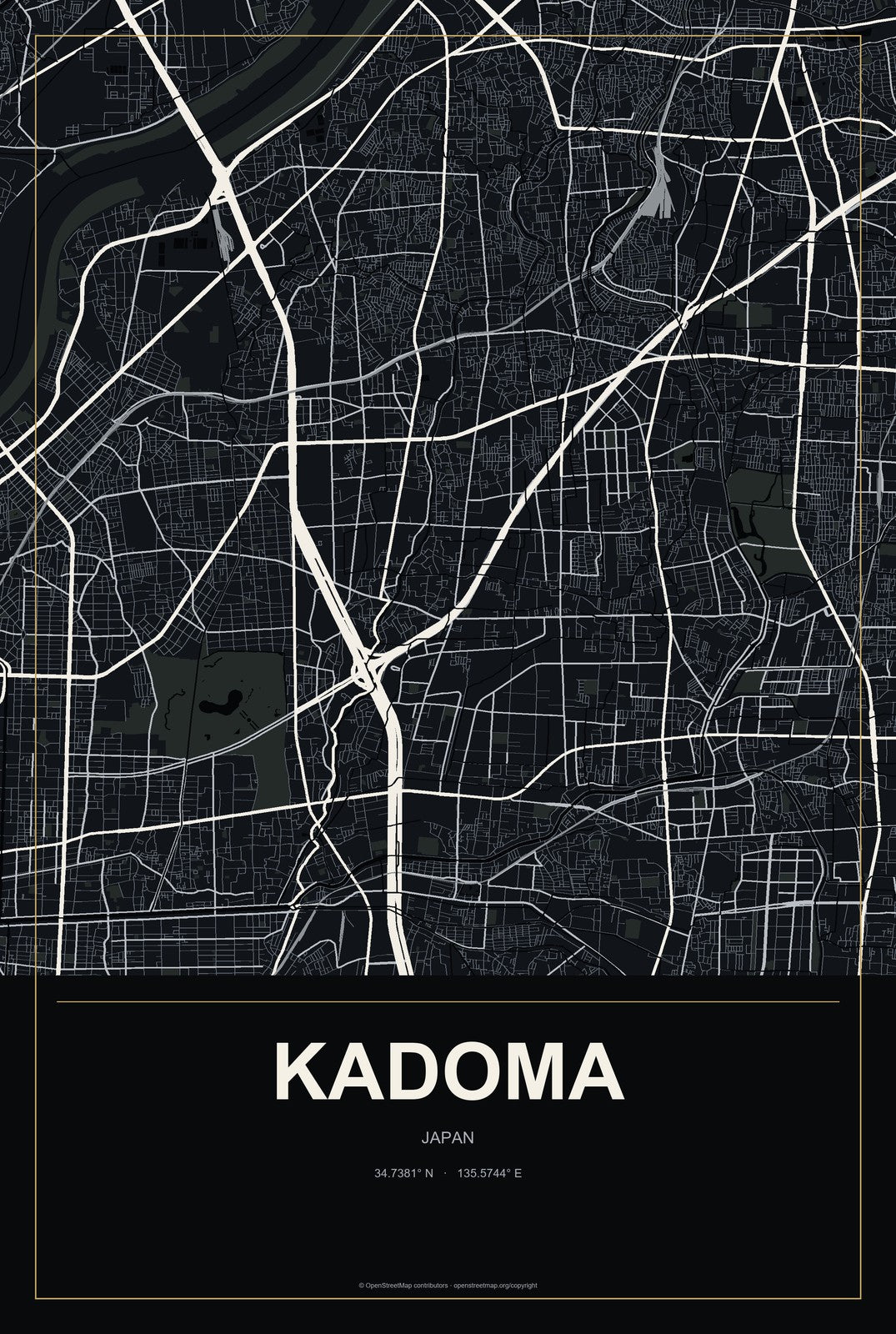 Kadoma, Japan City Map Aluminum Sign in Metropolitan Noir style