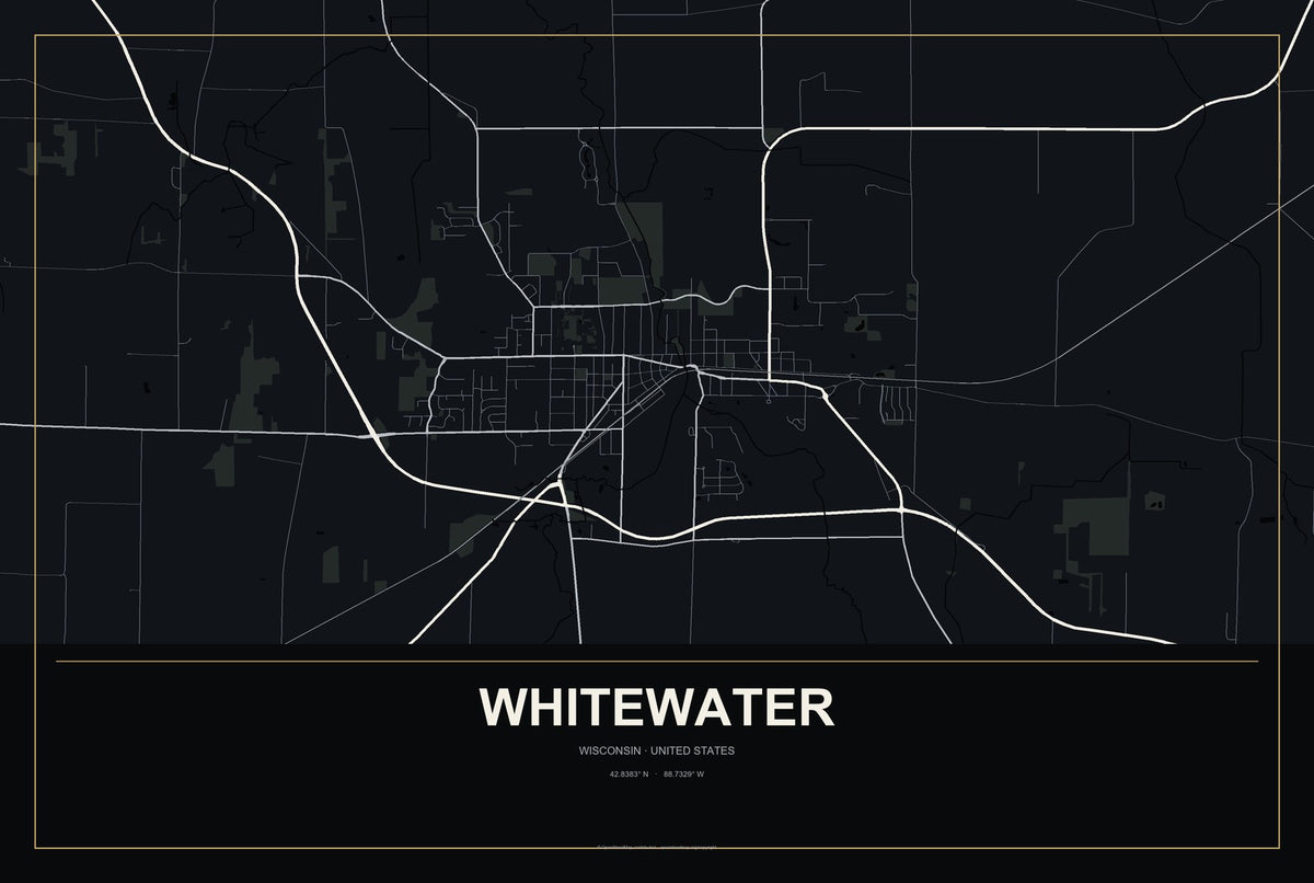 Whitewater, Wisconsin City Map Aluminum Sign in Metropolitan Noir style
