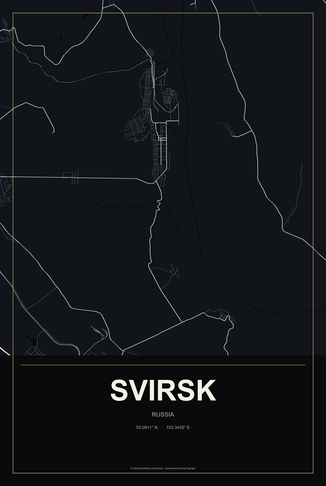 Svirsk, Russia City Map Aluminum Sign in Metropolitan Noir style