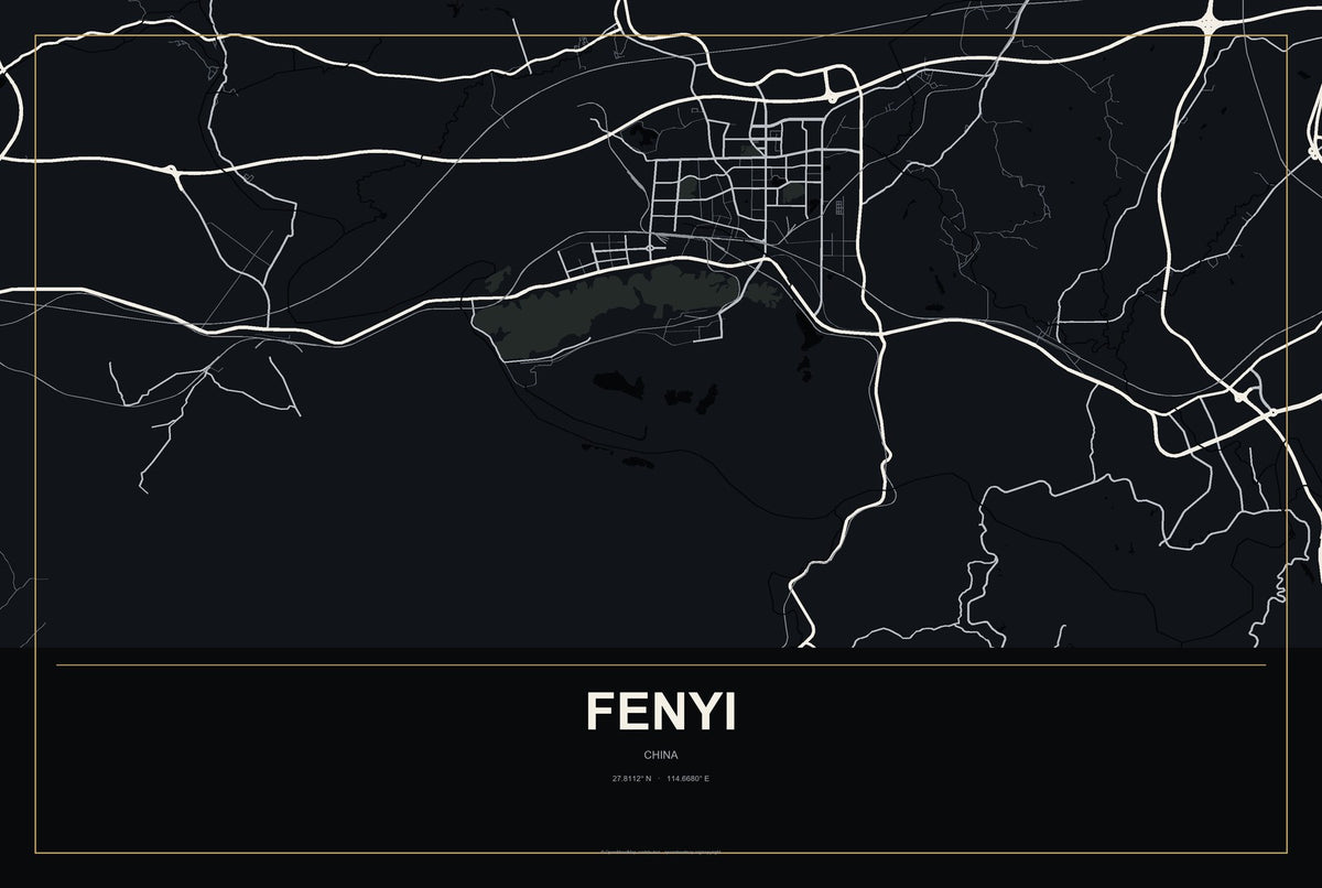 Fenyi, China City Map Aluminum Sign in Metropolitan Noir style