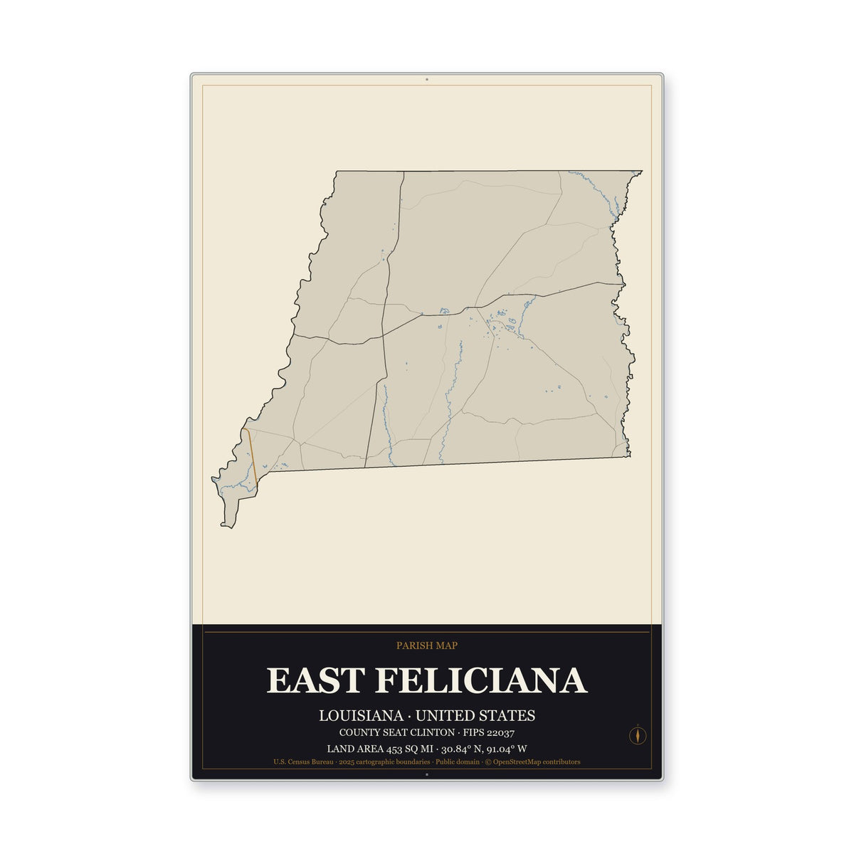 East Feliciana Parish, Louisiana Map Aluminum Sign in Museum Plaque style