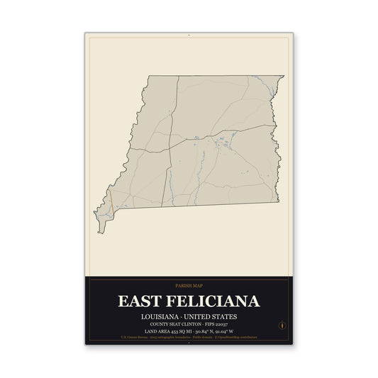 East Feliciana Parish, Louisiana Map Aluminum Sign in Museum Plaque style