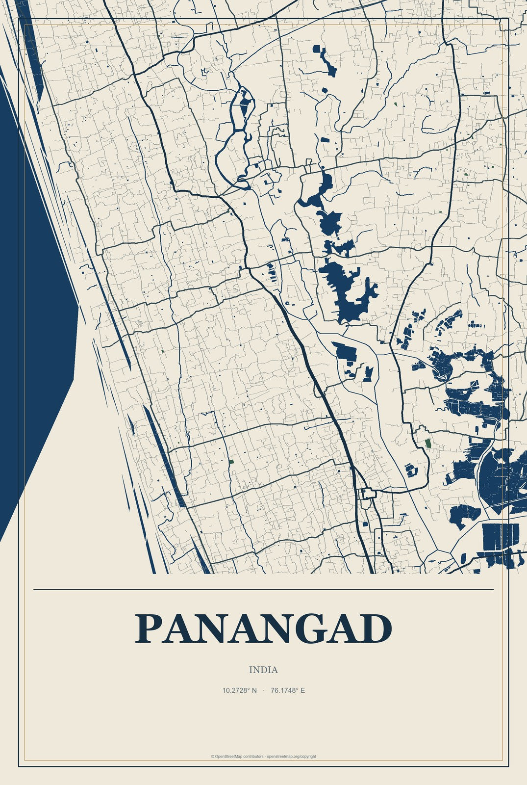 Panangad, India City Map Aluminum Sign in Coastal Cutout style