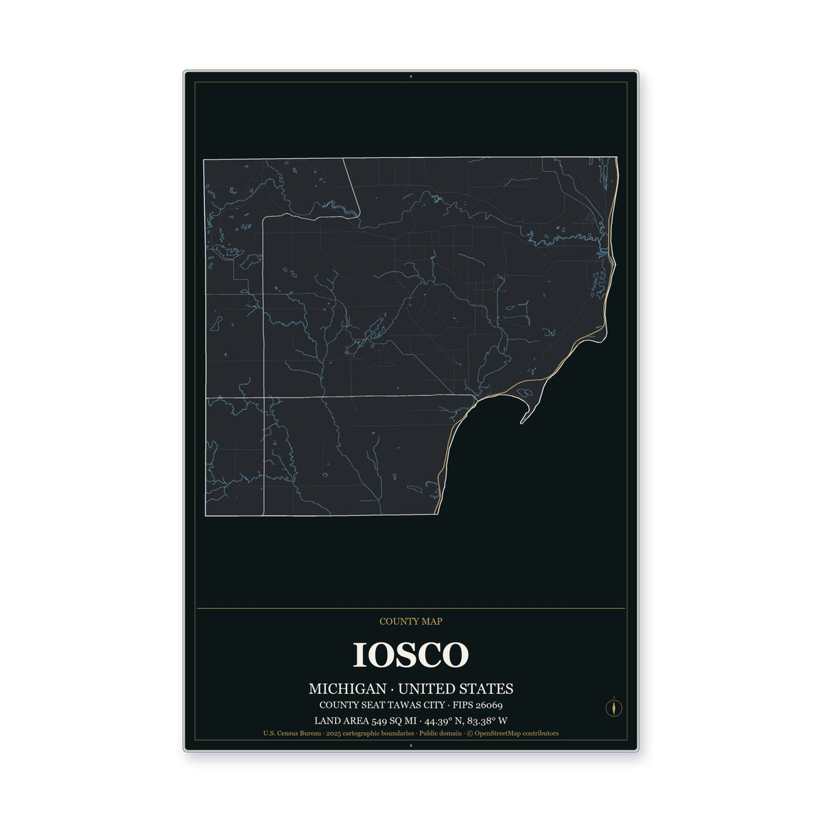Iosco County, Michigan Map Aluminum Sign in Metropolitan Noir style