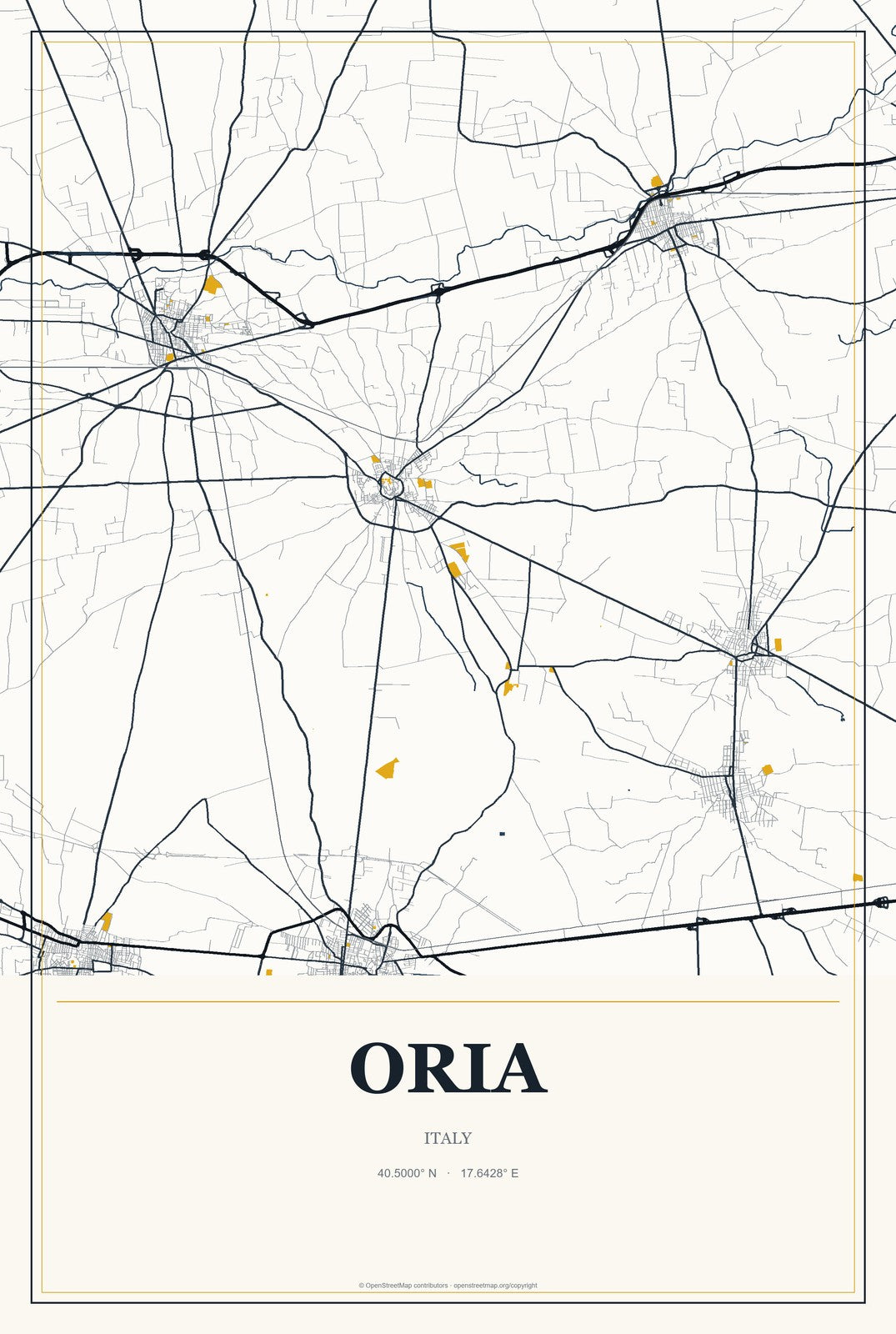 Oria, Italy City Map Aluminum Sign in Citrine Modern style