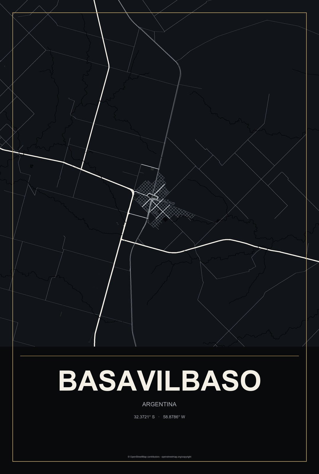 Basavilbaso, Argentina City Map Aluminum Sign in Metropolitan Noir style