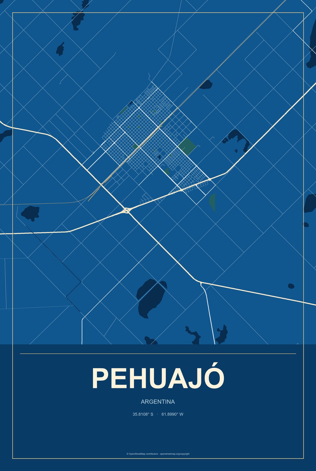 Pehuajó, Argentina City Map Aluminum Sign in Harbor Cobalt style