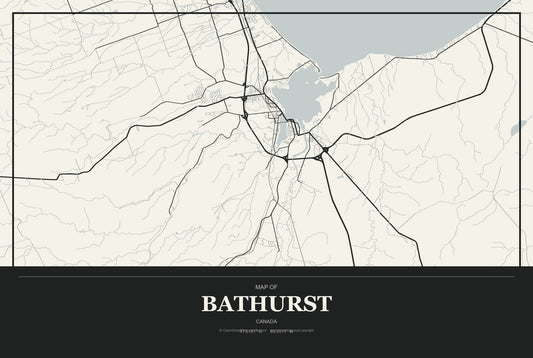 Bathurst, Canada City Map Aluminum Sign in Museum Plaque style