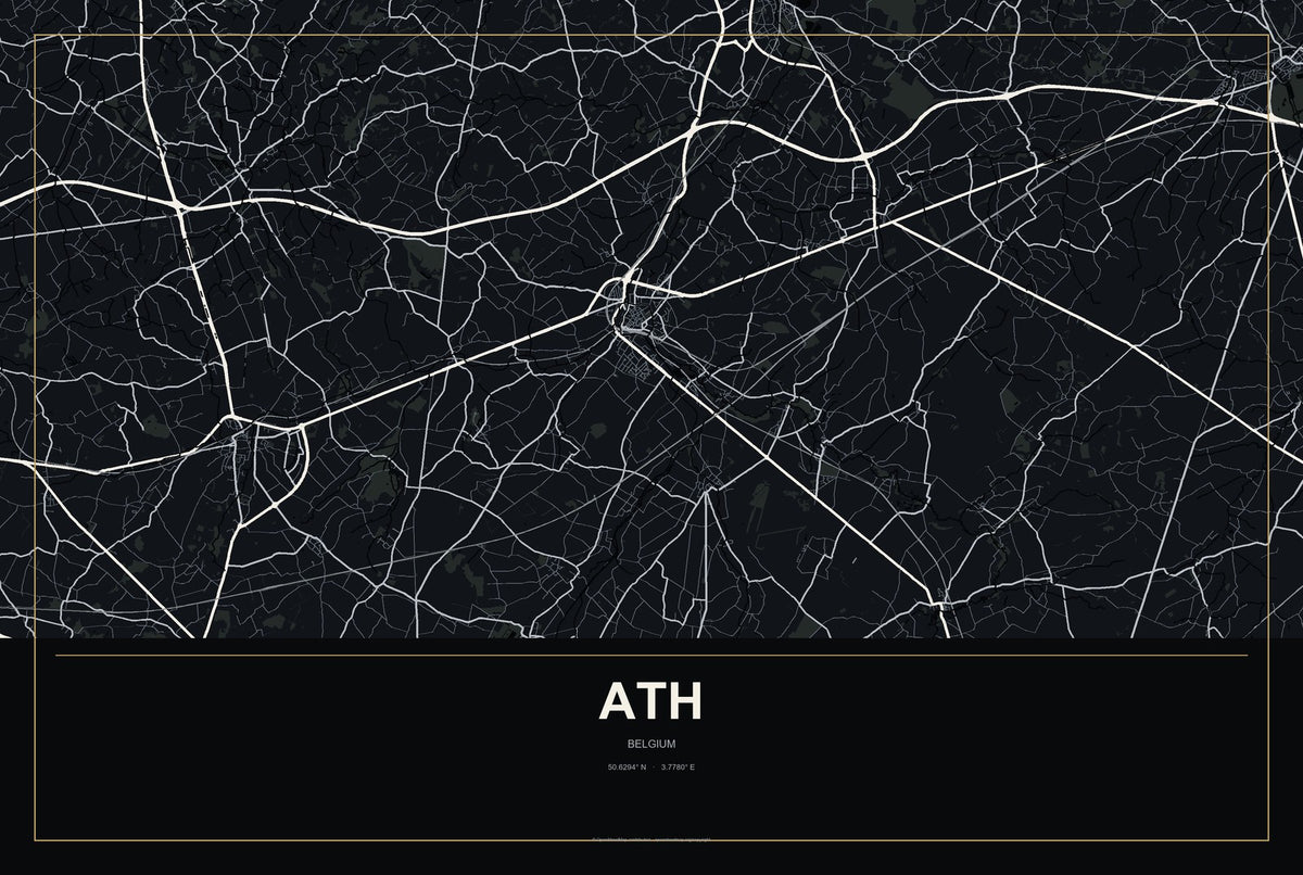 Ath, Belgium City Map Aluminum Sign in Metropolitan Noir style