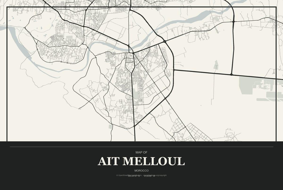 Ait Melloul, Morocco City Map Aluminum Sign in Museum Plaque style