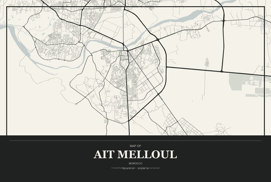 Ait Melloul, Morocco City Map Aluminum Sign in Museum Plaque style