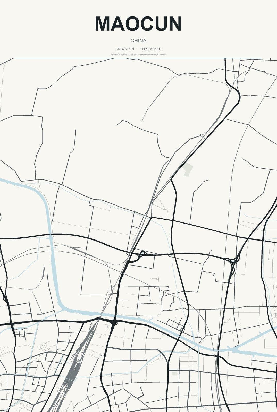 Maocun, China City Map Aluminum Sign in Headline Atlas style