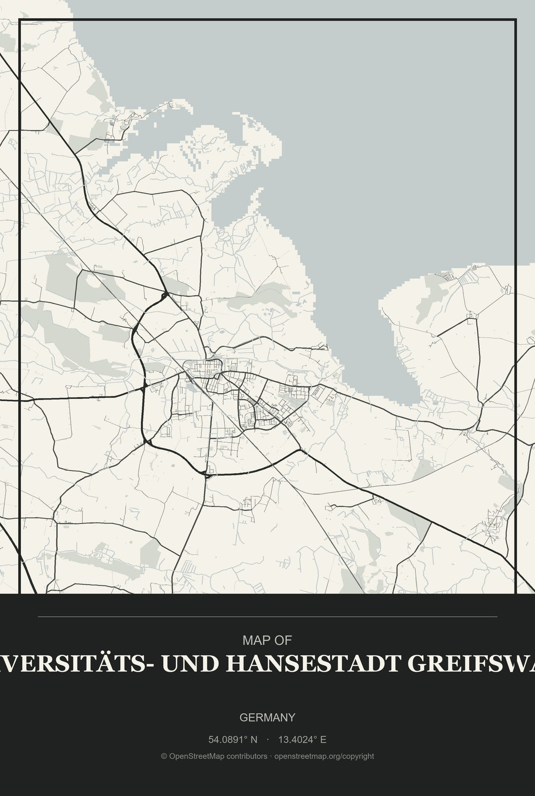 Universitäts- und Hansestadt Greifswald, Germany City Map Aluminum Sign in Museum Plaque style