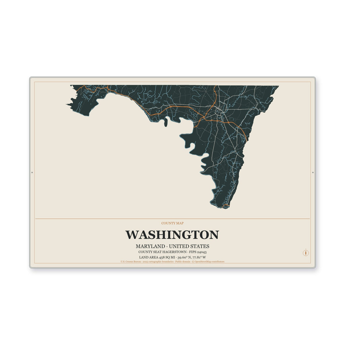 Washington County, Maryland Map Aluminum Sign in Headline Atlas style