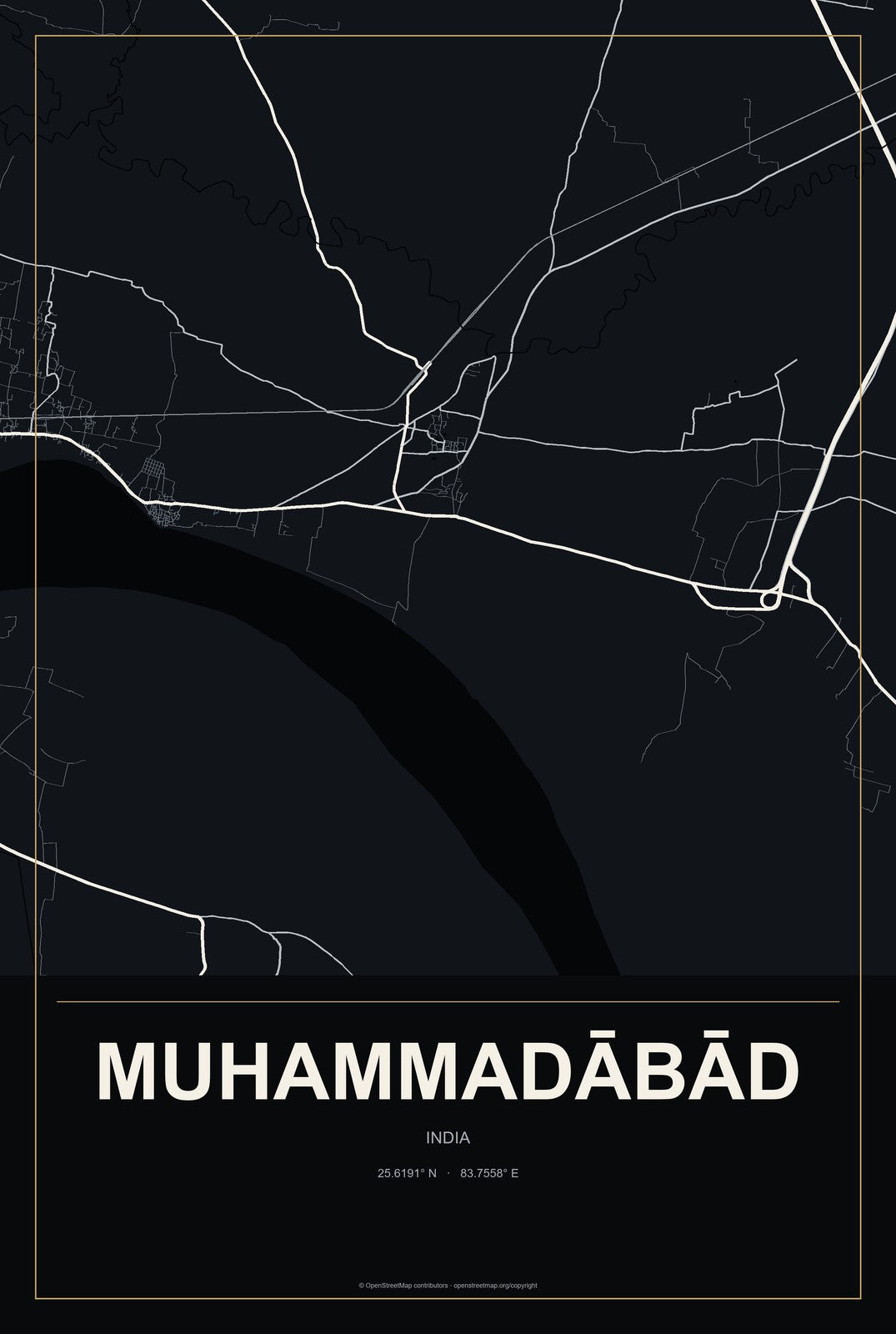 Muhammadābād, India City Map Aluminum Sign in Metropolitan Noir style