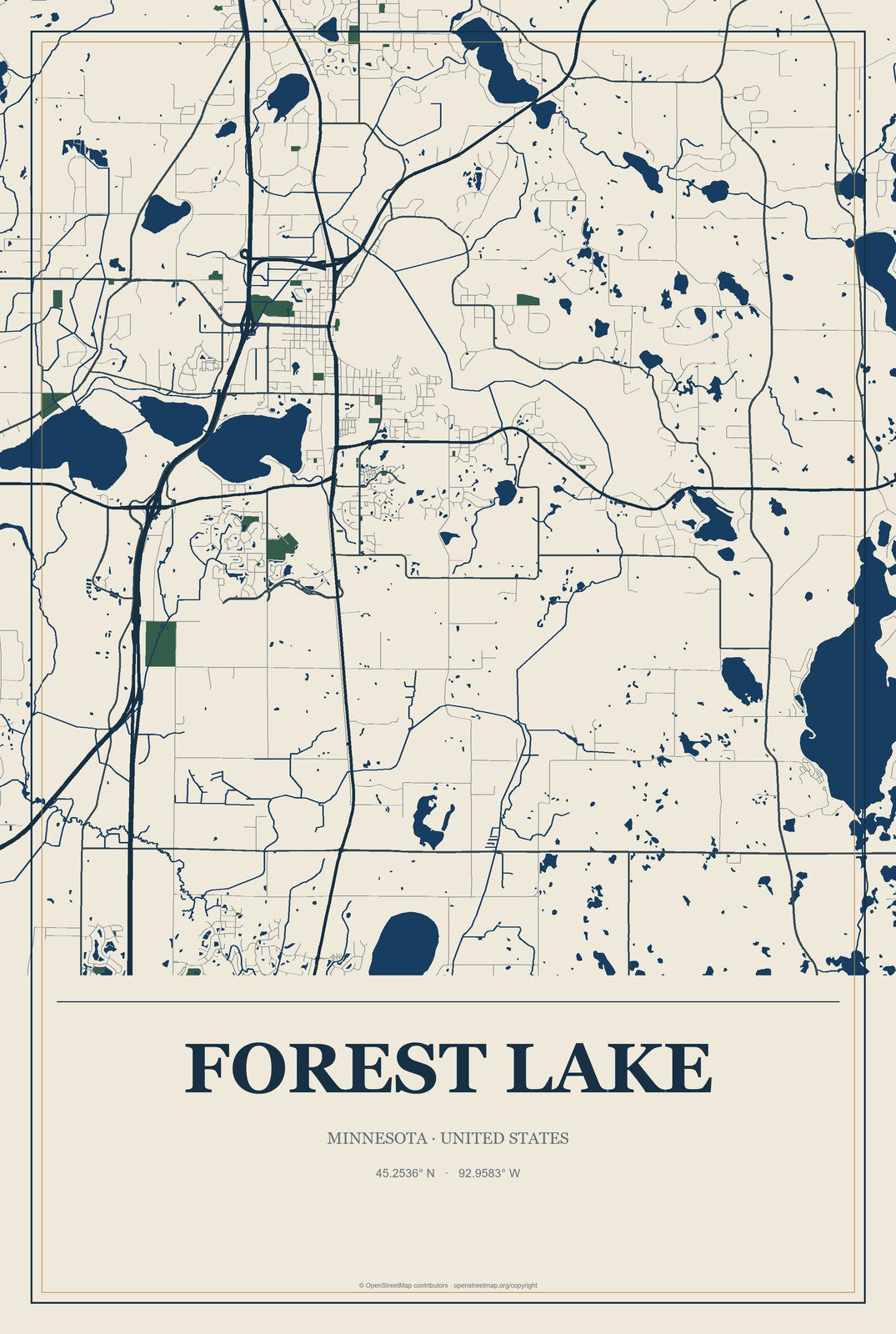 Forest Lake, Minnesota City Map Aluminum Sign in Coastal Cutout style