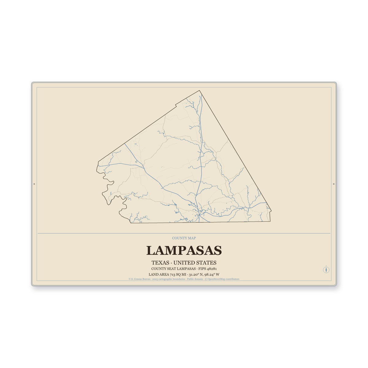 Lampasas County, Texas Map Aluminum Sign in Heritage Nautical style
