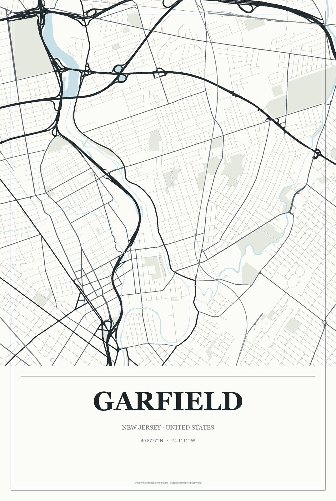 Garfield, New Jersey City Map Aluminum Sign in Gallery Air style