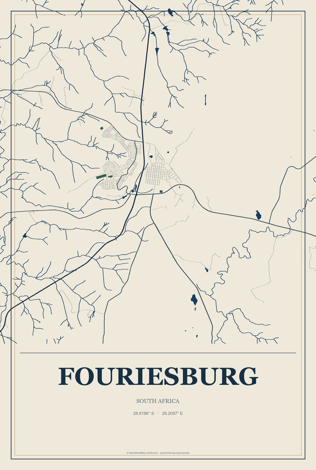 Fouriesburg, South Africa City Map Aluminum Sign in Coastal Cutout style