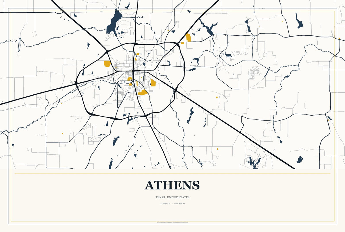 Athens, Texas City Map Aluminum Sign in Citrine Modern style