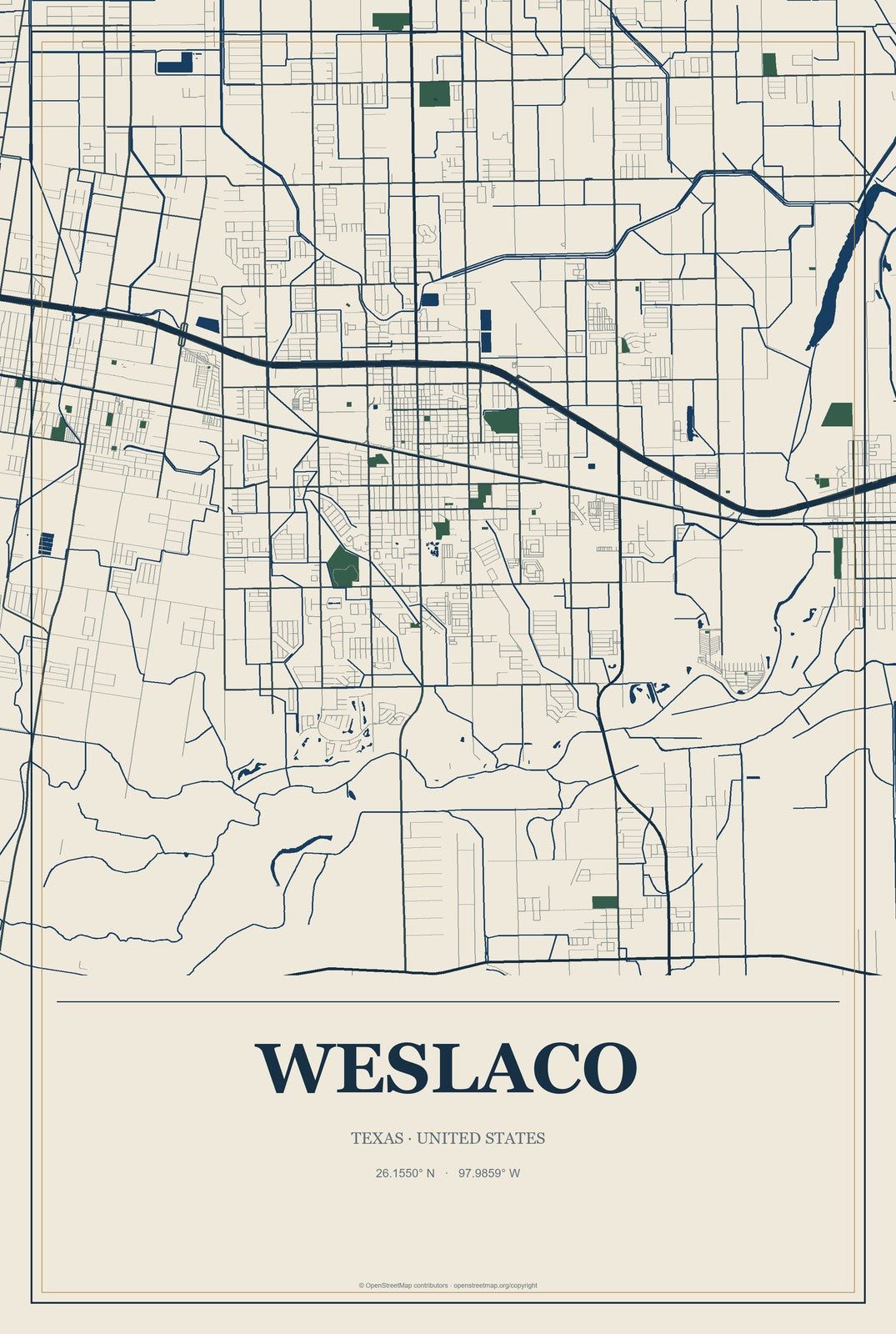 Weslaco, Texas City Map Aluminum Sign in Coastal Cutout style