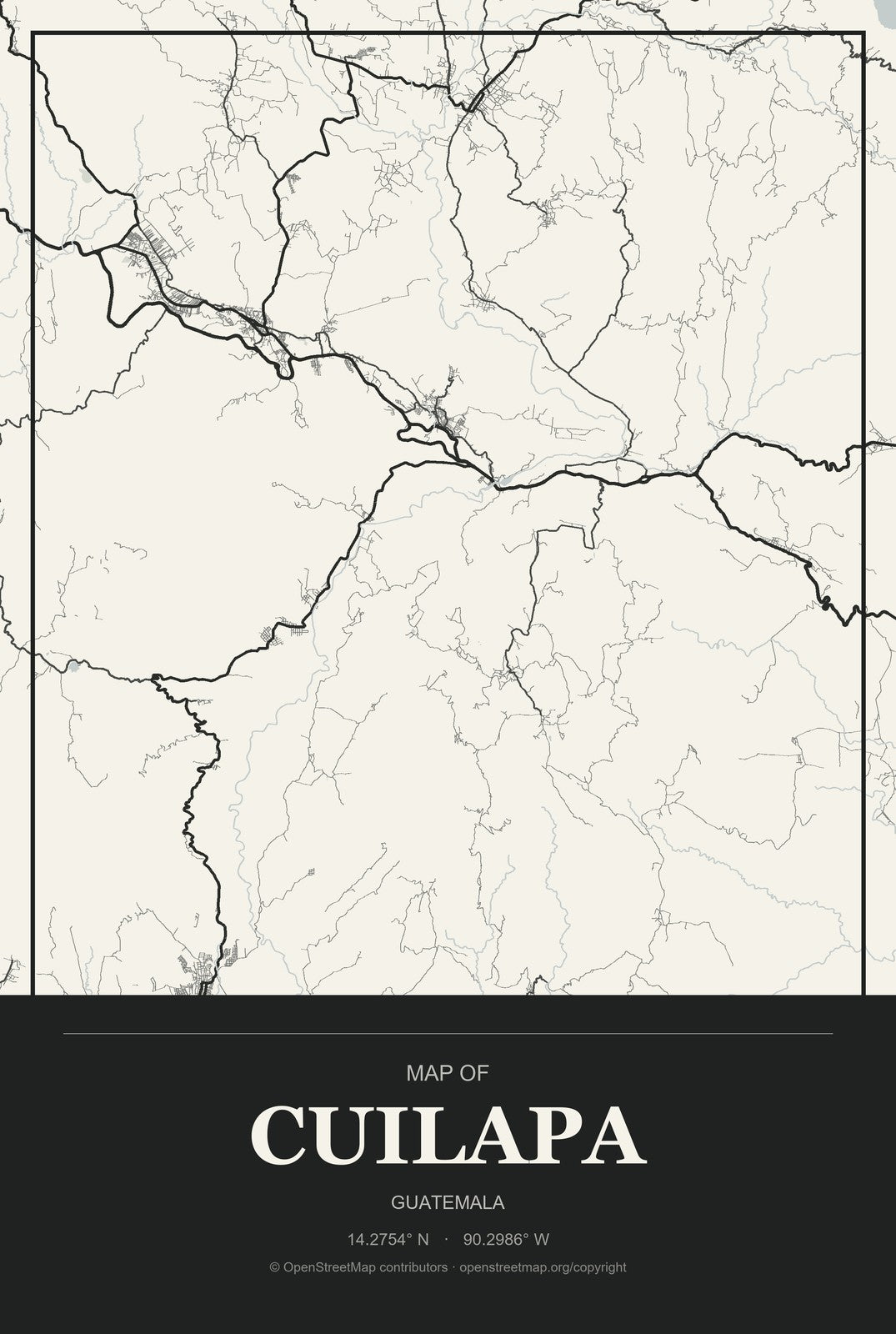 Cuilapa, Guatemala City Map Aluminum Sign in Museum Plaque style